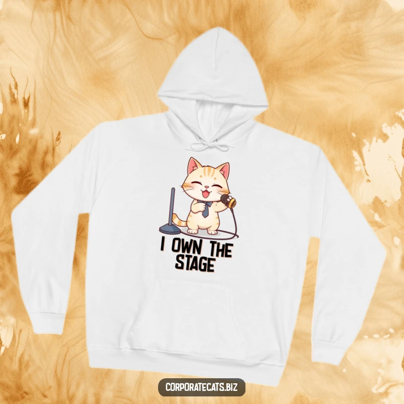 Funny Hoodie: An embarrassed cat presenter stumbles over a microphone cord during a speech, looking sheepish.