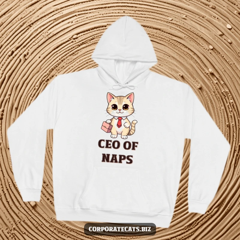 Funny CEO Cat Hoodie: a cute cat character dressed in a tiny tie and holding a briefcase, looking professional and warm.