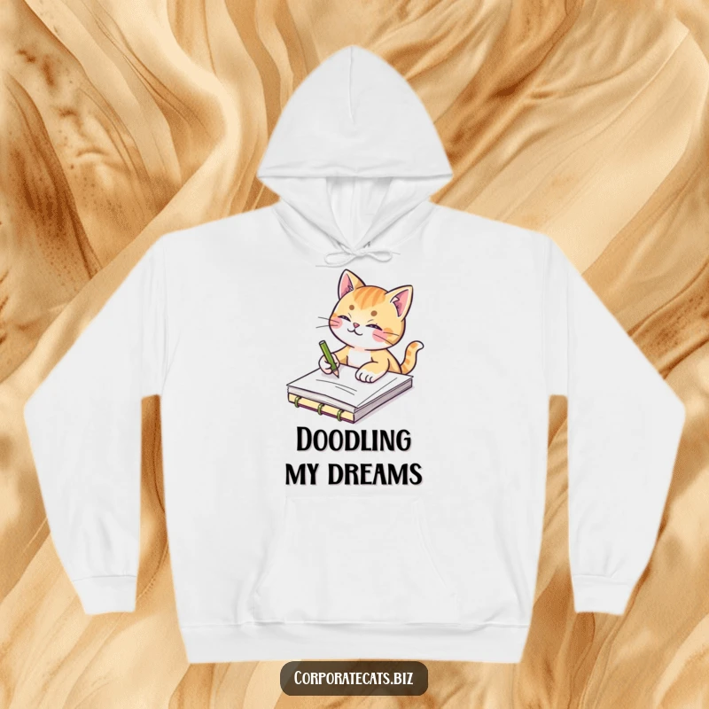 Funny hoodie featuring a creative cat sketching in a notepad, offering warmth, comfort, and artistic inspiration.