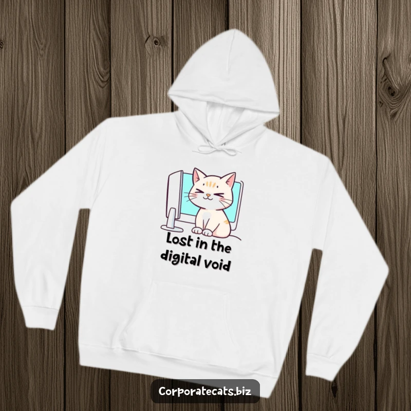 Funny crossed-eyed cat hoodie, comically staring at a computer, capturing the essence of internet humor and relaxation.
