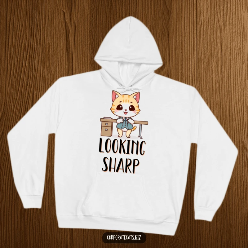 Funny hoodie featuring a smiling cat in a tiny suit, crossing legs elegantly, perfect for cozy days and a touch of class.