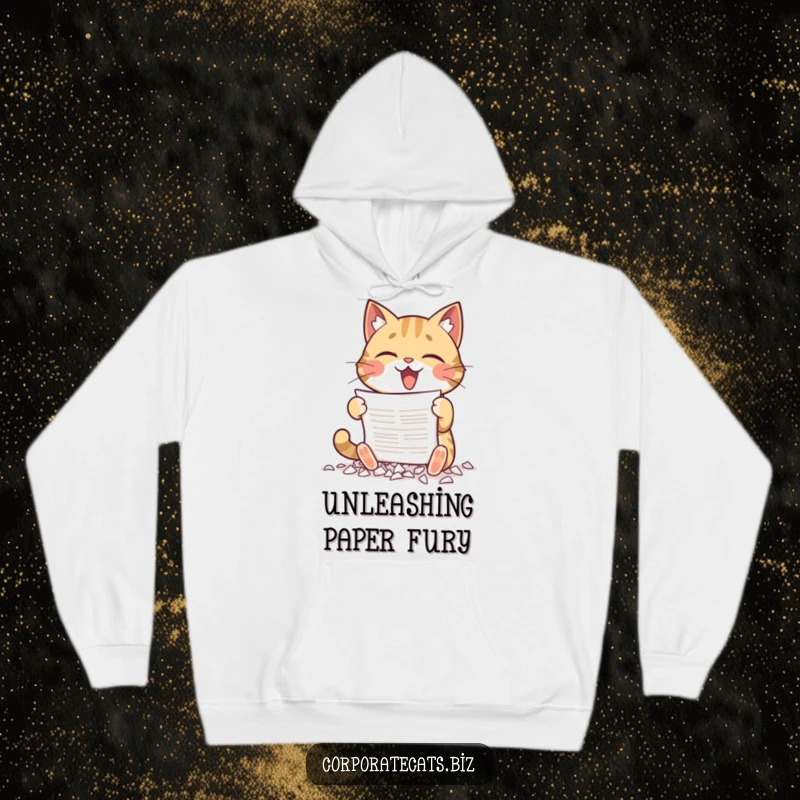 Funny hoodie with a cat gleefully shredding a document with its paws, exuding playful anarchy and warmth.