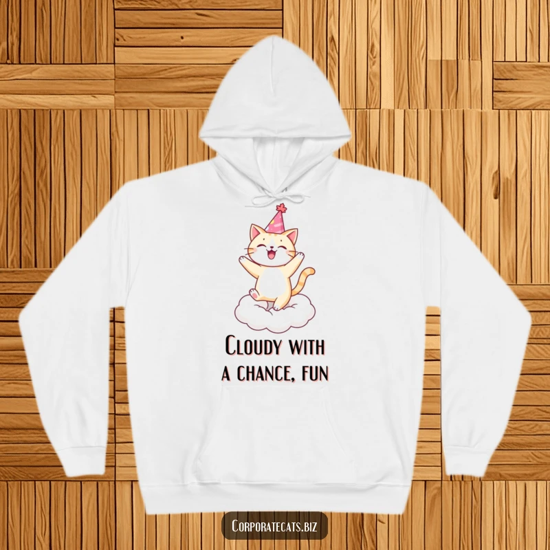 Funny cat in a party hat, dancing ecstatically on a cloud, a symbol of pure bliss. A wonderful funny gift.