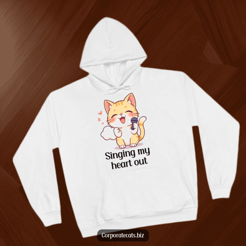 Funny cat holding a microphone, singing towards a cloud, a cozy hoodie for music lovers. A wonderful funny gift.