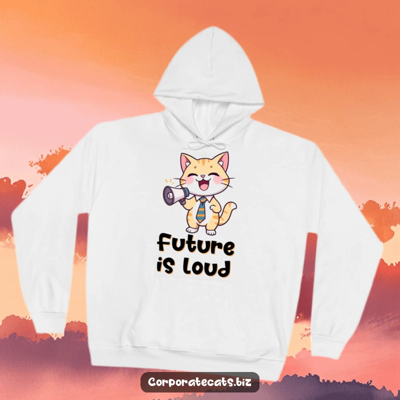 Funny cat hoodie showcasing an enthusiastic business cat character wearing a tie and shouting into a miniature megaphone with excitement.