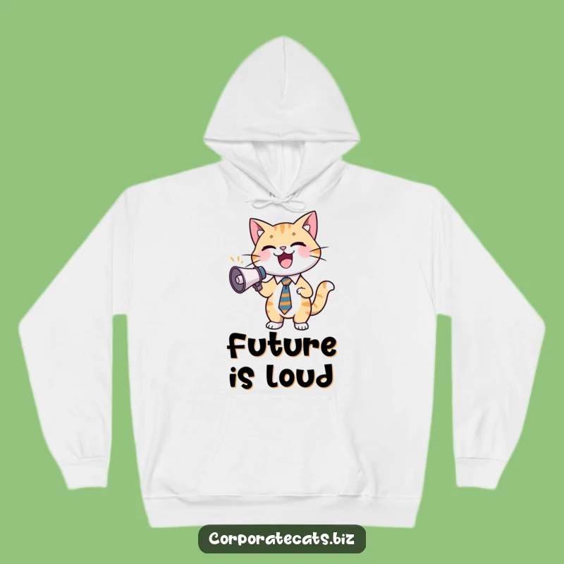 Funny Excited Cat Hoodie: Cozy Feline in Tie with Megaphone, Ultimate Funny Gift Wear!