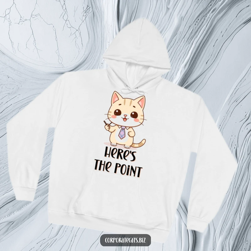 Funny cat hoodie featuring a cute cat wearing a tiny tie, enthusiastically pointing and presenting.