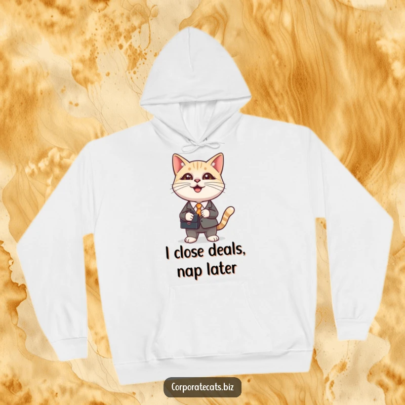 Funny hoodie featuring a smiling cat in a tiny suit carrying a briefcase, perfect for coffee breaks or casual meetings. Hilarious feline.