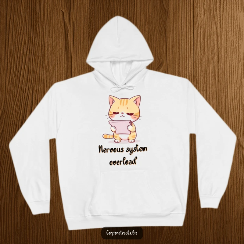 Funny hoodie showing a timid cat nervously holding a stack of papers, perfect for expressing office stress humorously.