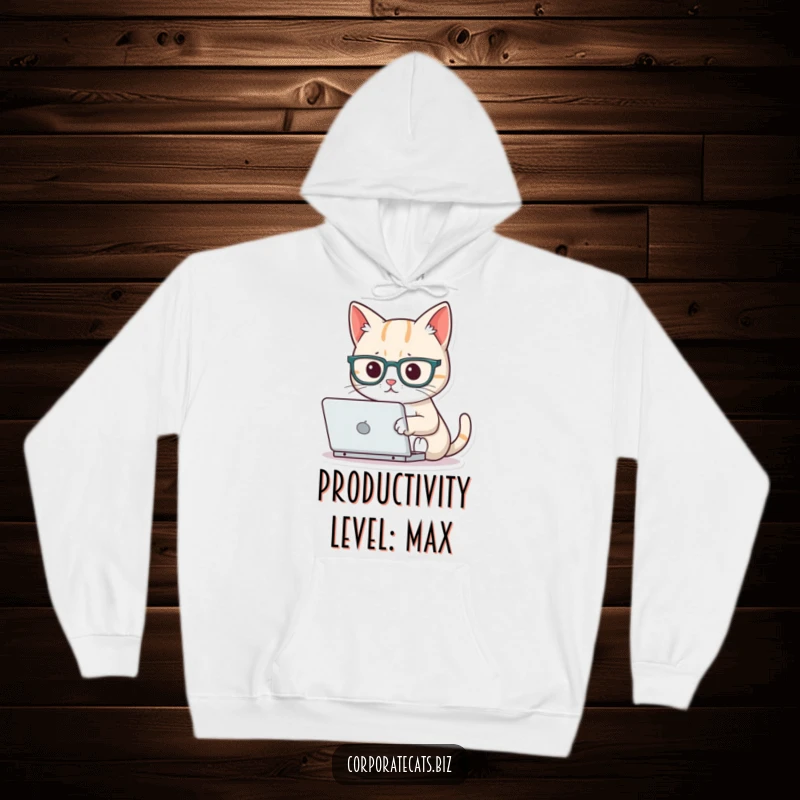 Funny focused cat hoodie wearing tiny glasses, typing on a miniature laptop, providing cozy comfort and humorous intellectual vibes.