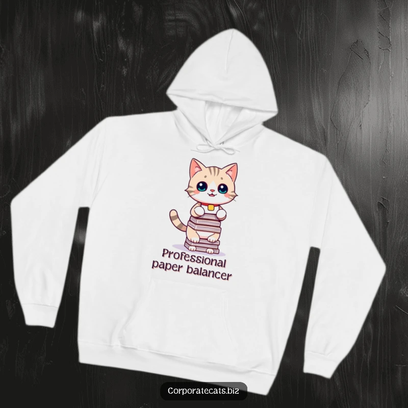 Funny hoodie design, a playful cat wearing a name tag struggling to balance a huge stack of documents, ideal for a cozy funny gift.