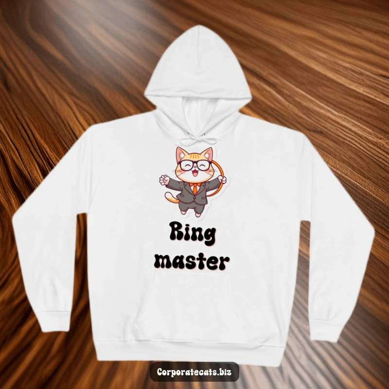 Funny hoodie depicting a cheerful cat wearing a suit and glasses, jumping through a hoop, offering cozy humor and performance art.