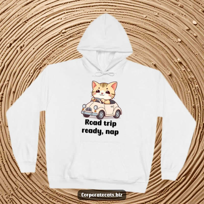 Funny hoodie with a cute cat character confidently driving a small toy car. Comfortable and comical.