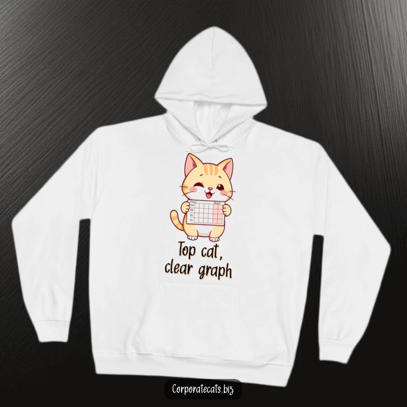 Funny hoodie with a cheerful cat character confidently presenting a small chart. Warm, comfortable, and business-appropriate humor.