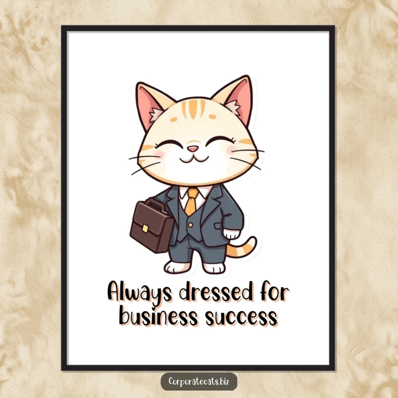 Funny Free Printable Wall Art: A smiling cat character dressed in a tiny business suit holds a briefcase, exuding professional charm