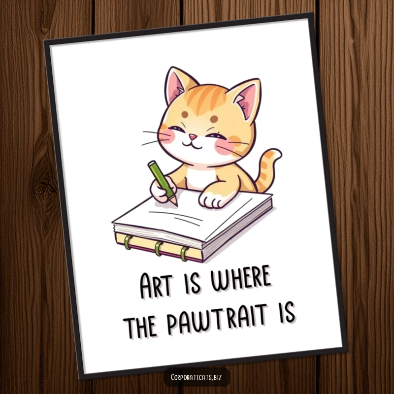 Funny Free Printable Wall Art: A cat focuses intently while sketching on a small notepad, full of creative energy.