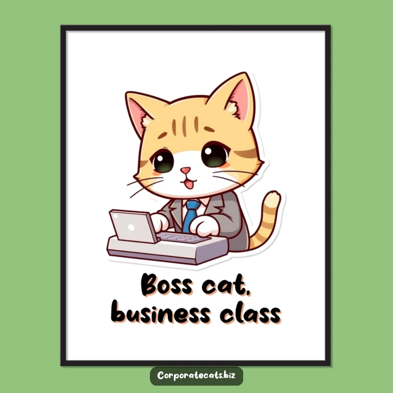 Free Printable Wall Art: Dapper Cat Typing Hard, Humorous Business Downloadable Decor Gift
