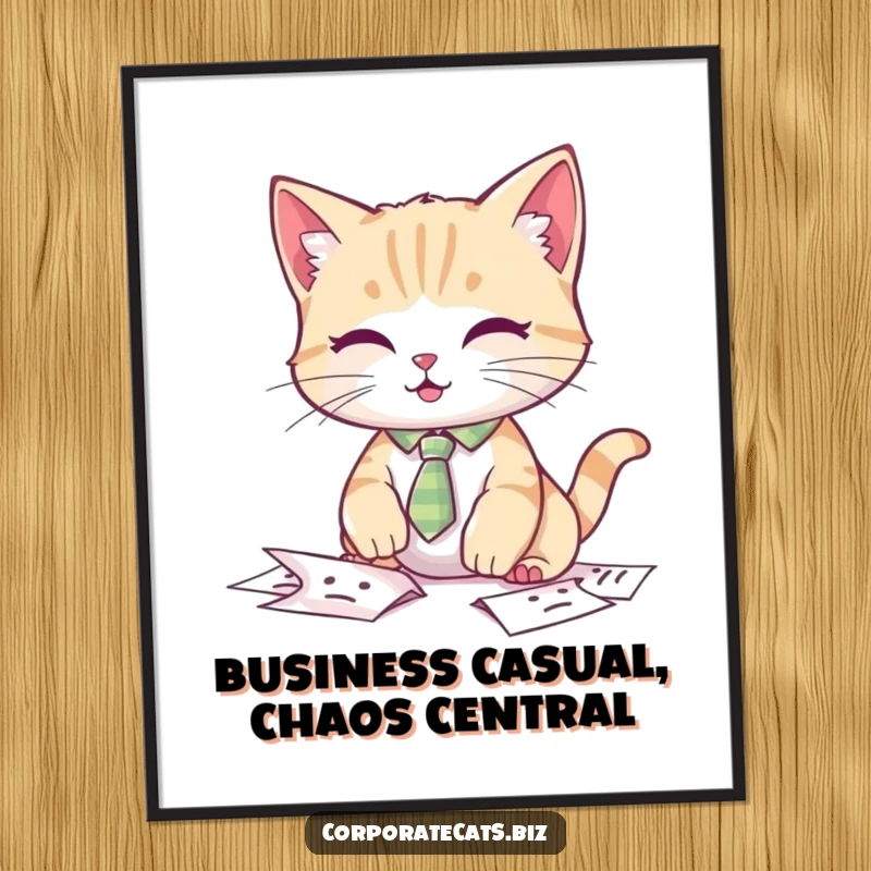 Funny Free Printable Wall Art: A cat dressed in a tiny tie is hilariously caught fumbling with a stack of papers, adding quirky charm.