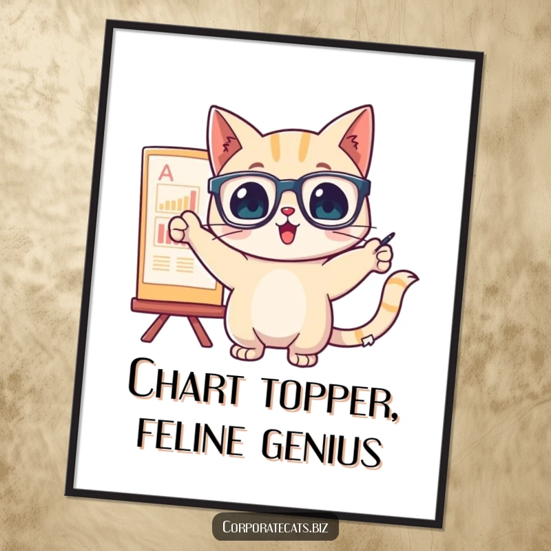 Funny Free Printable Wall Art: Cat with glasses points excitedly at a colorful graph or chart.