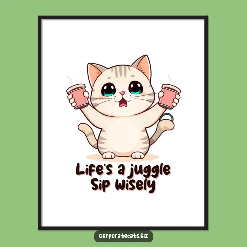 Free Printable Cat Juggling Coffee Art: Funny Wall Decor Downloadable Gift for Coffee Cats