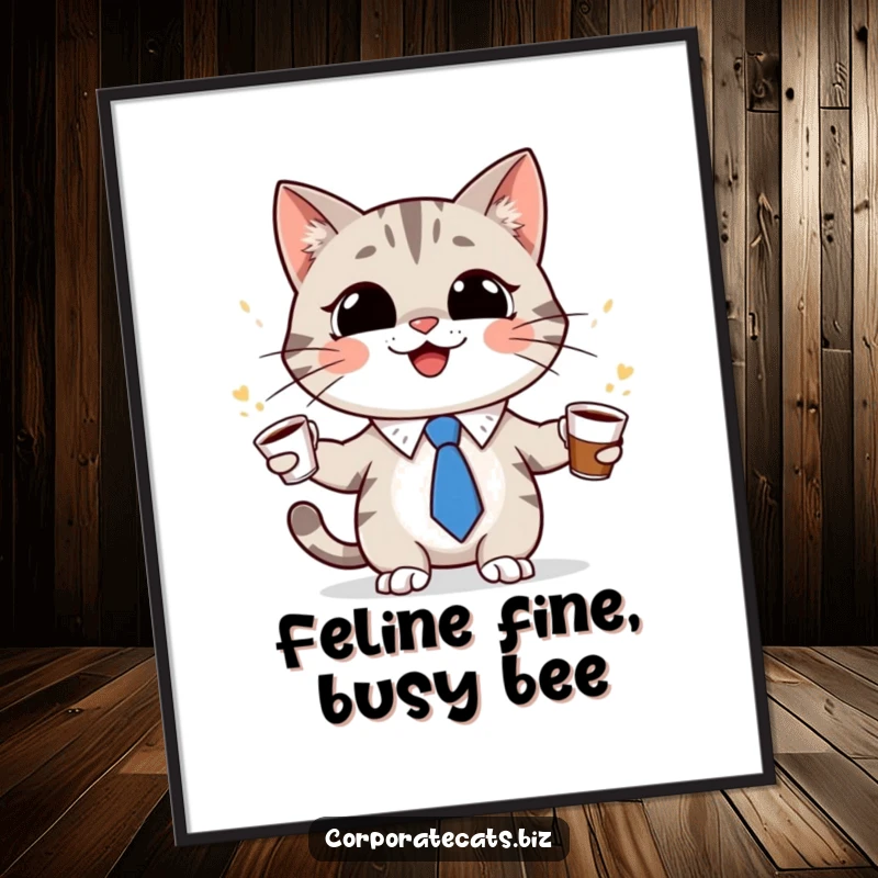 Funny Free Printable Wall Art: A grinning cat wearing a tiny tie juggles multiple coffee cups.