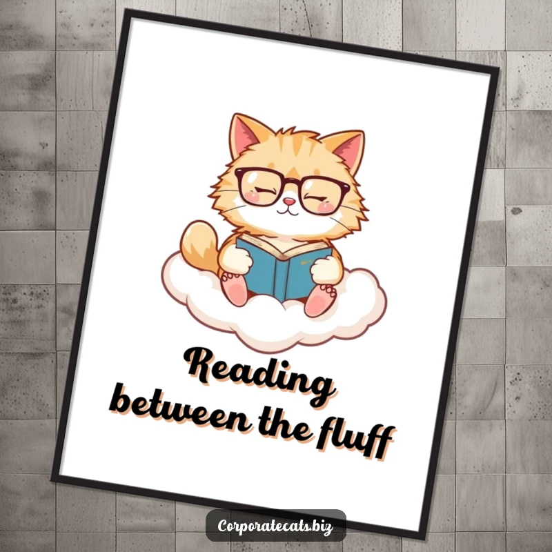 Funny Free Printable wall art of a fluffy cat with glasses reading a book while floating on a cloud.