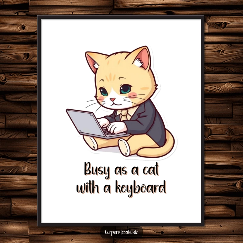 Funny Free Printable Wall Art: Cat in a tiny suit typing intensely on a laptop at a desk.