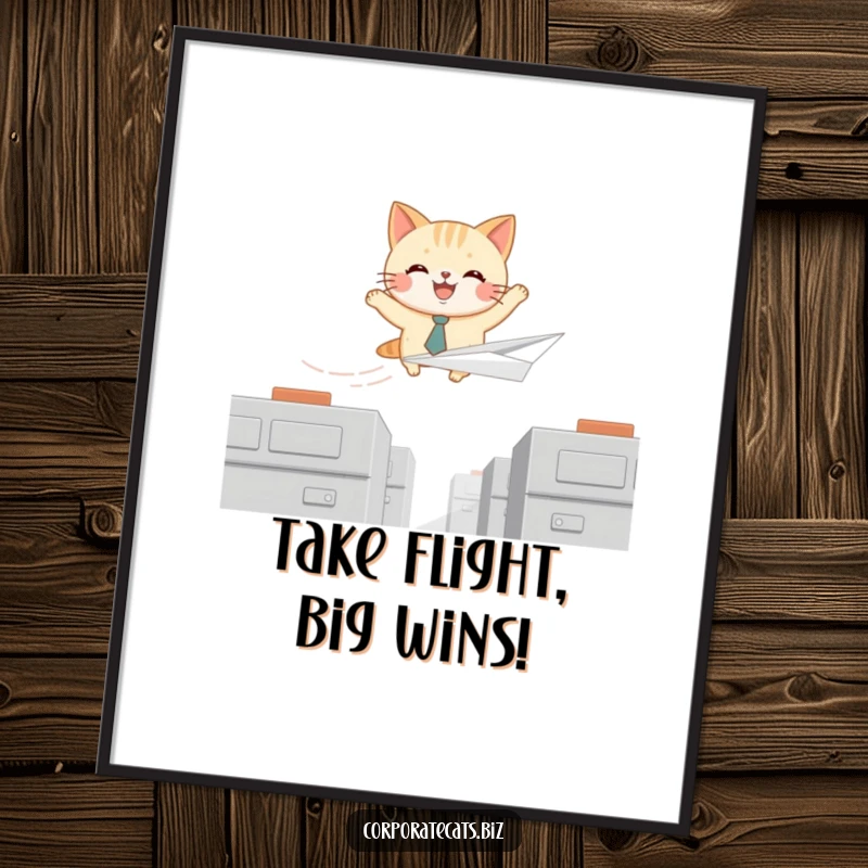 Funny Free Printable Wall Art: Joyful cat wearing a tiny tie soars high on a paper airplane, capturing freedom.