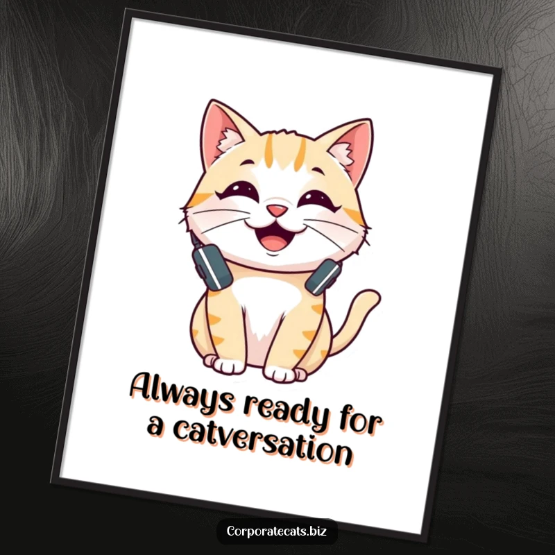 Funny Free Printable Wall Art: A cheerful cat wears a tiny headset, ready to communicate with enthusiasm.