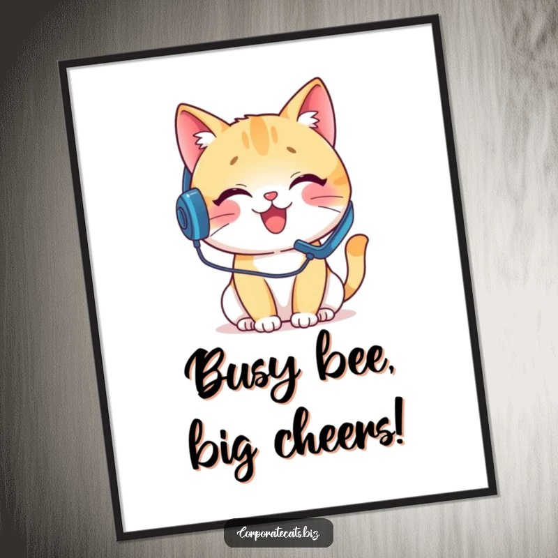 Funny Free Printable Wall Art: Delighted cat with a headset on a pretend phone call, capturing office humor.