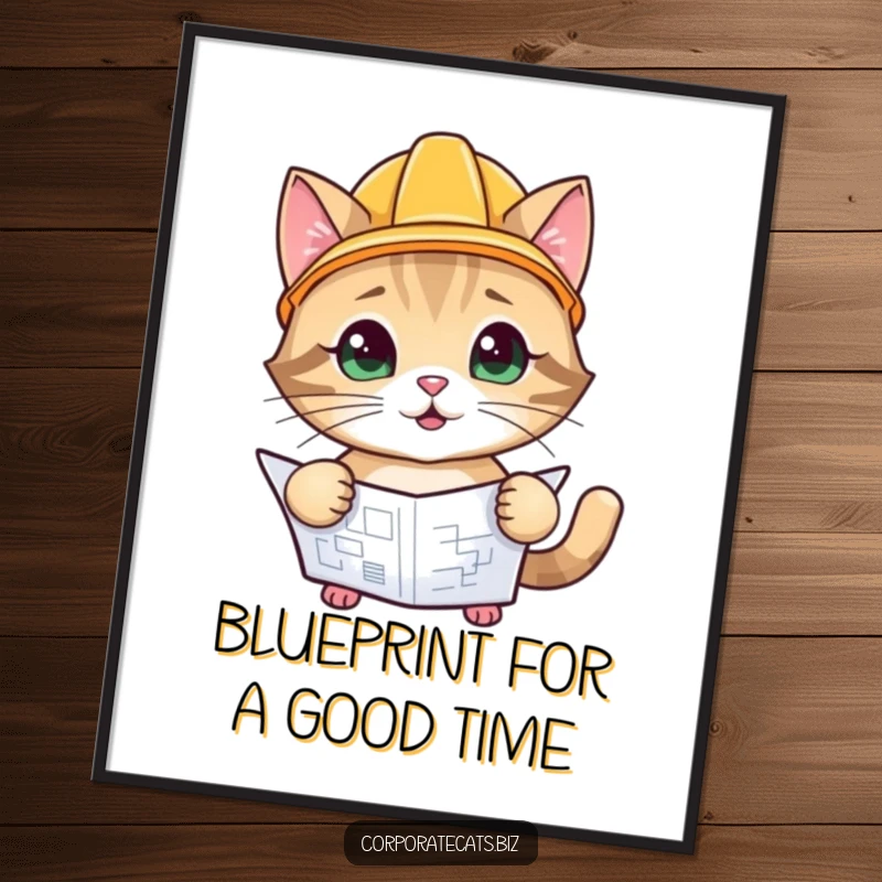 Funny Free Printable Wall Art: A cat wearing a small hard hat carefully inspecting a blueprint with focus.