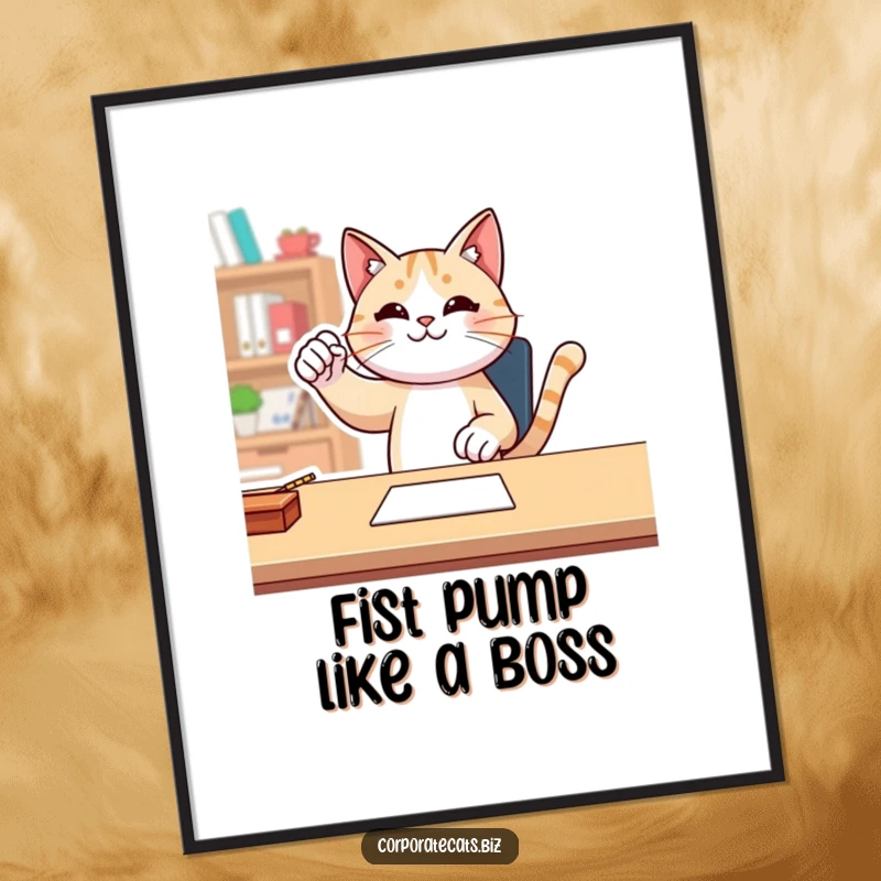 Funny Free Printable Wall Art: Cat at a desk performs a triumphant fist pump with energetic celebration.