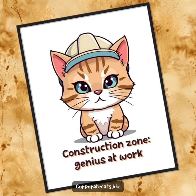 Funny Free Printable Wall Art: A determined cat wearing a hard hat, symbolizing hard work, dedication, and a touch of feline grit.