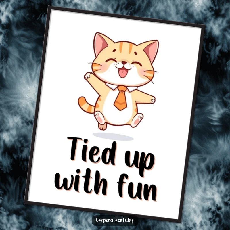 Funny Free Printable Wall Art: A playful cat in a tie performing a lively jump, embodying fun and spontaneous energy.