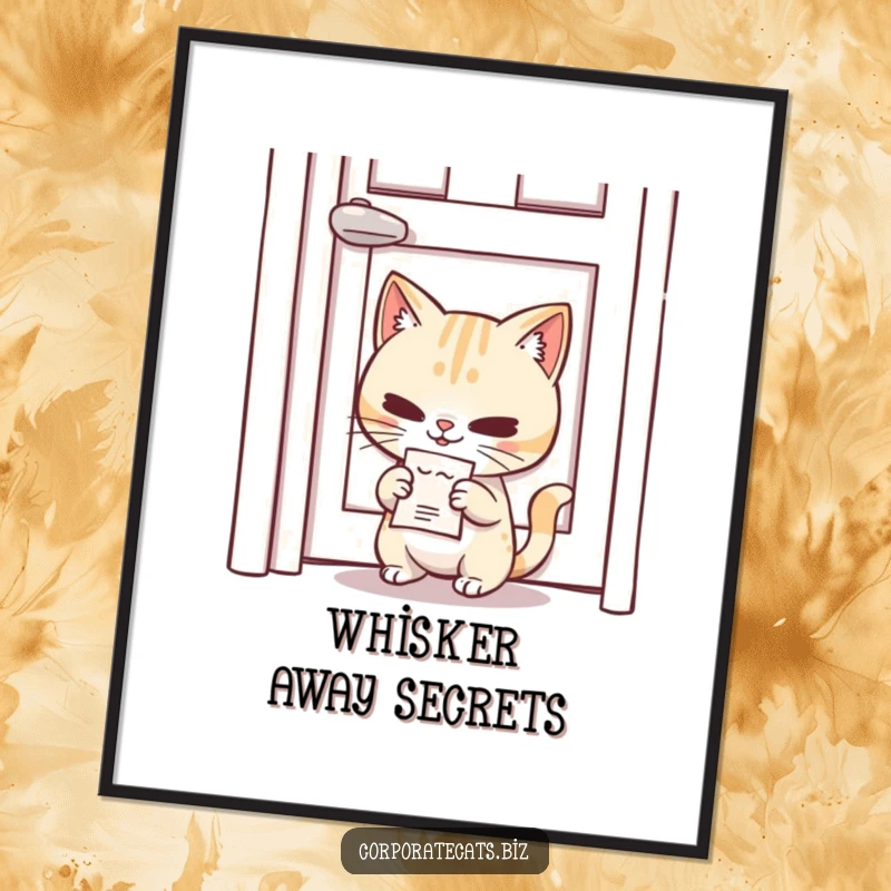 Funny Free Printable Wall Art: A mischievous cat with a smirk slipping a tiny memo under a door.