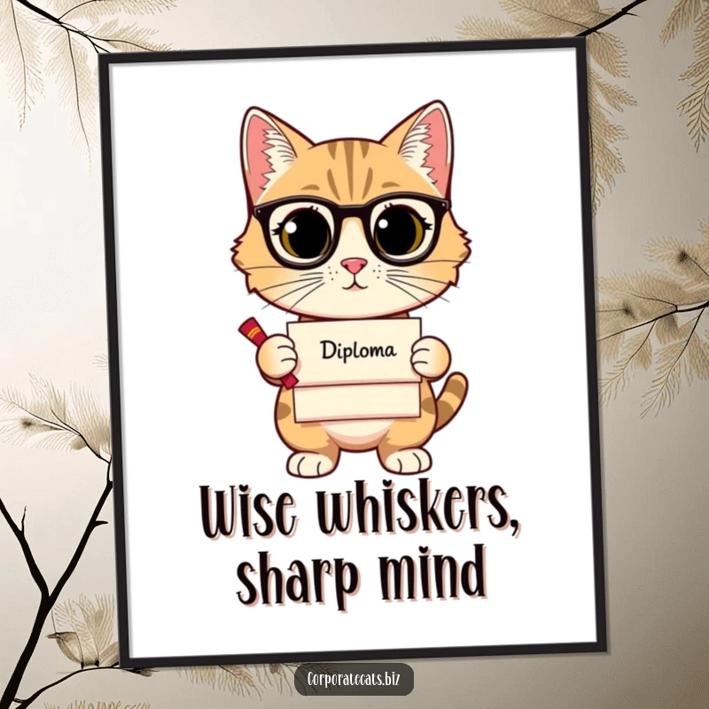 Funny Free Printable Wall Art: A sophisticated cat stands tall, holding a tiny diploma with an air of intelligence.
