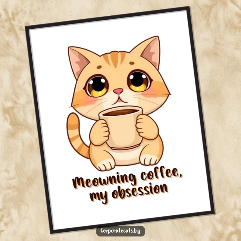 Funny Free Printable Wall Art: A surprised cat with massive eyes clutches a coffee cup, exuding morning chaos.