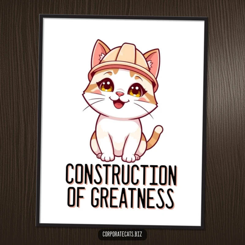 Funny Free Printable Wall Art: A happy cat wearing a tiny hard hat looks up attentively, adding a touch of focused humor.