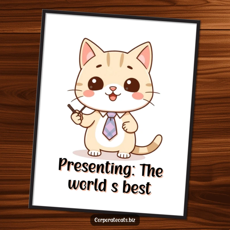 Funny Free Printable Wall Art: A cute cat character in a tiny tie confidently gives a presentation using a pointer, sharing wisdom
