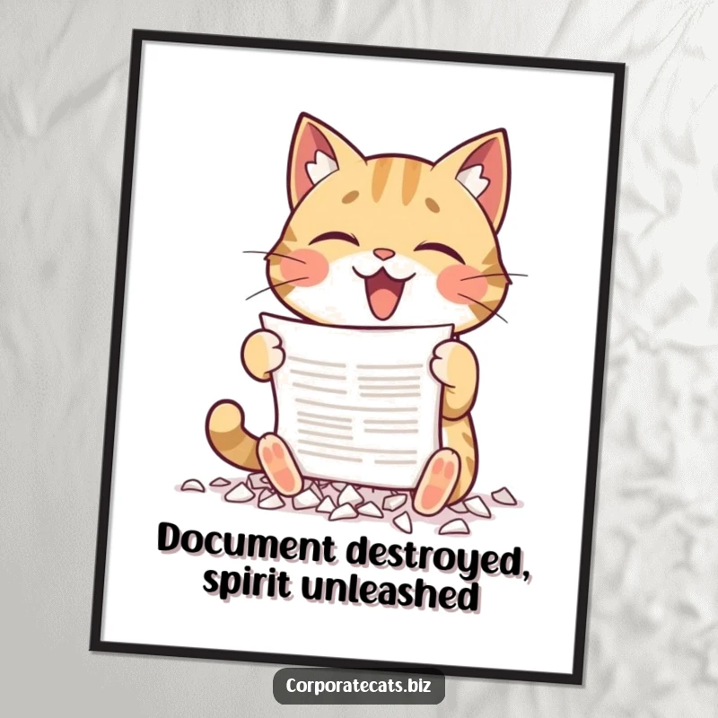Funny Free Printable Wall Art: Cat gleefully destroying a document with its paws, symbolizing playful destruction, downloadable.