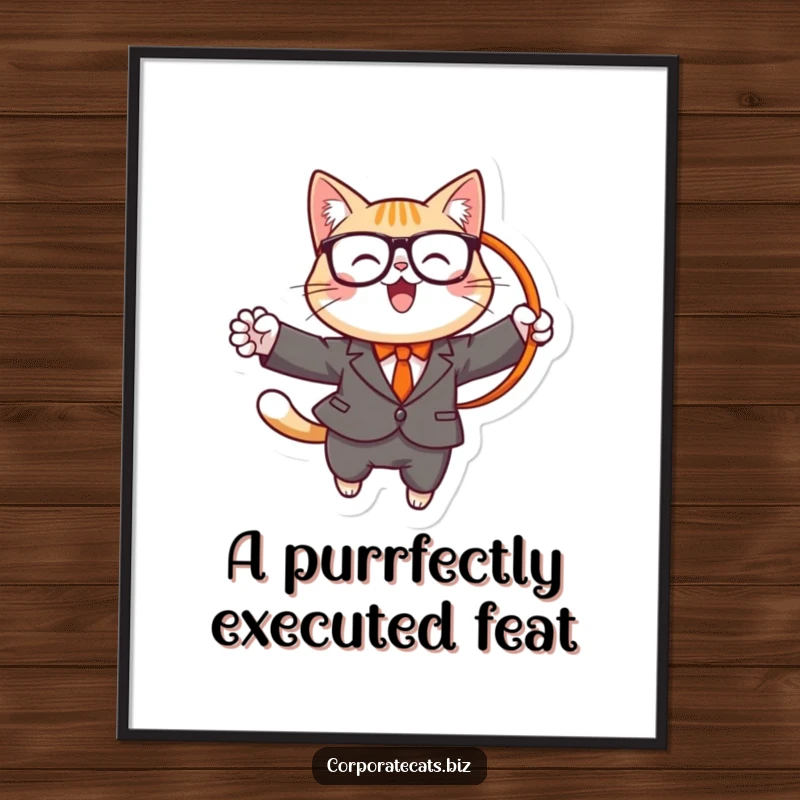 Funny Free Printable Wall Art: A cheerful cat character in a suit and glasses executes a fantastic jump through a suspended hoop.