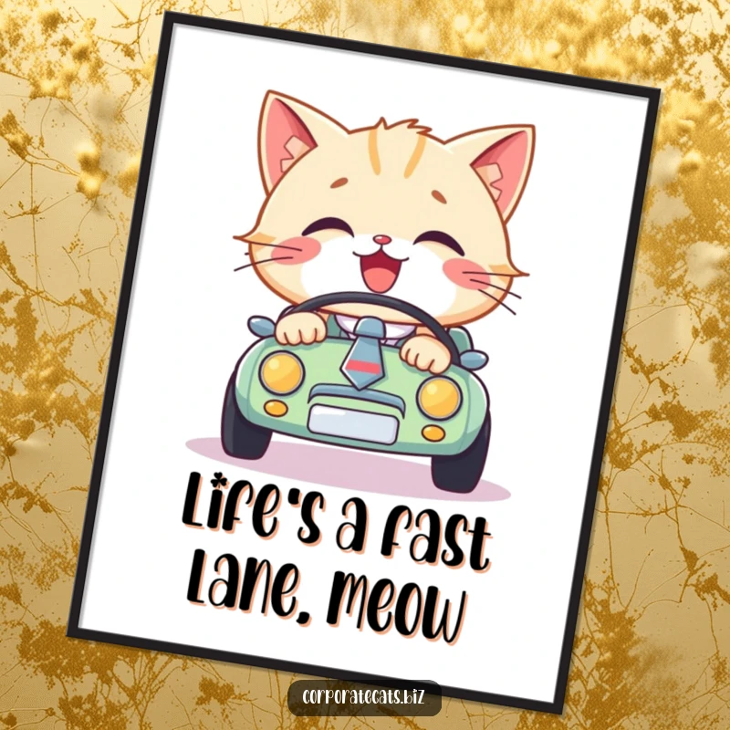 Funny Free Printable Wall Art: A smiling cat in a necktie confidently drives a miniature car, cruising in style.