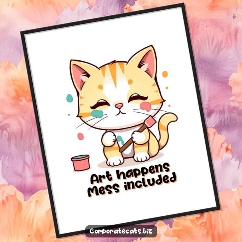 Funny Free Printable Wall Art: Cat artist smears paint on its face, creating colorful and humorous wall decor.