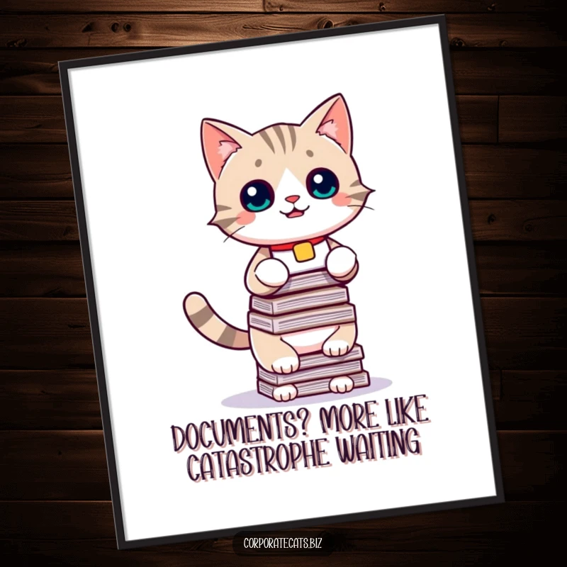 Funny free printable wall art of a cute cat precariously balancing a massive stack of office papers, looking stressed but funny.