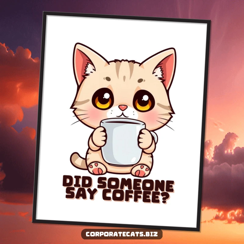 Funny Free Printable Wall Art: A cat stares with enormous, surprised eyes while clutching a coffee cup, a hilariously relatable moment.