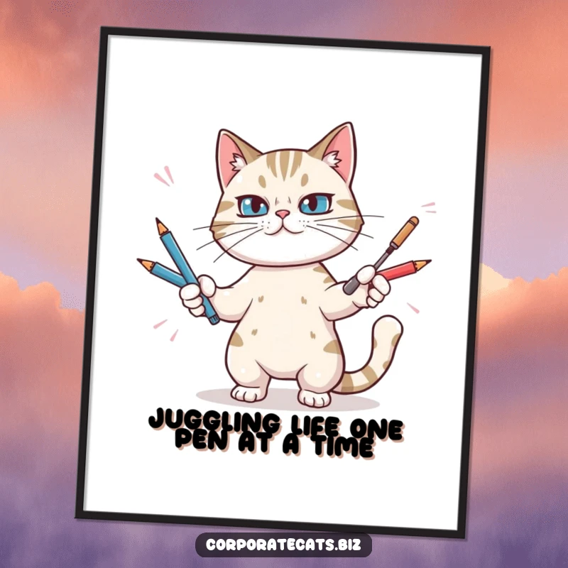 Funny Free Printable Wall Art: Determined cat artistically juggles multiple pens, creating a humorous and dynamic scene.