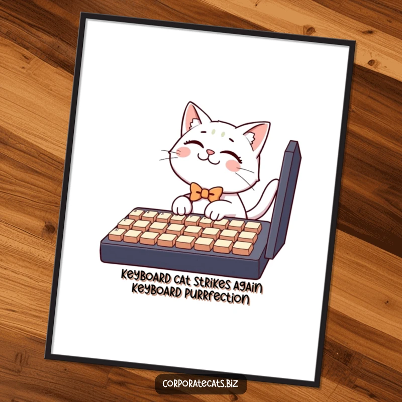 Funny free printable wall art of a small, giggling cat wearing a bowtie, struggling humorously to type on a massive keyboard.