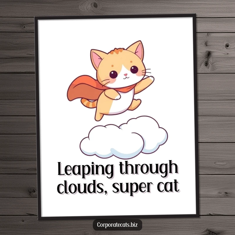 Funny free printable wall art: curious cat in a red cape leaping heroically from one fluffy cloud to another.