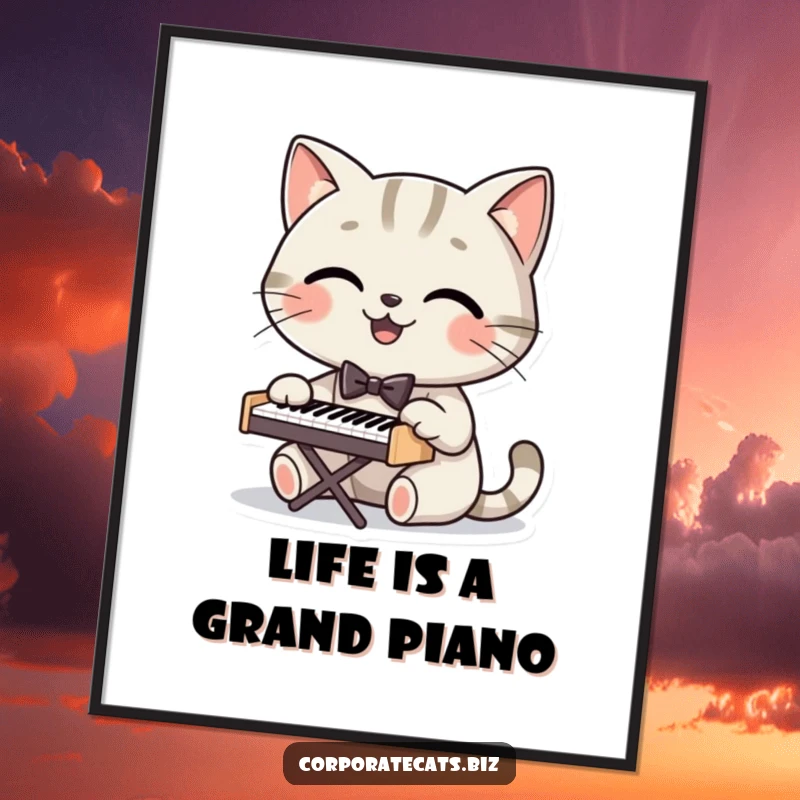 Funny Free Printable Wall Art: Dapper cat in bowtie plays piano, a humorous downloadable piece for any room.