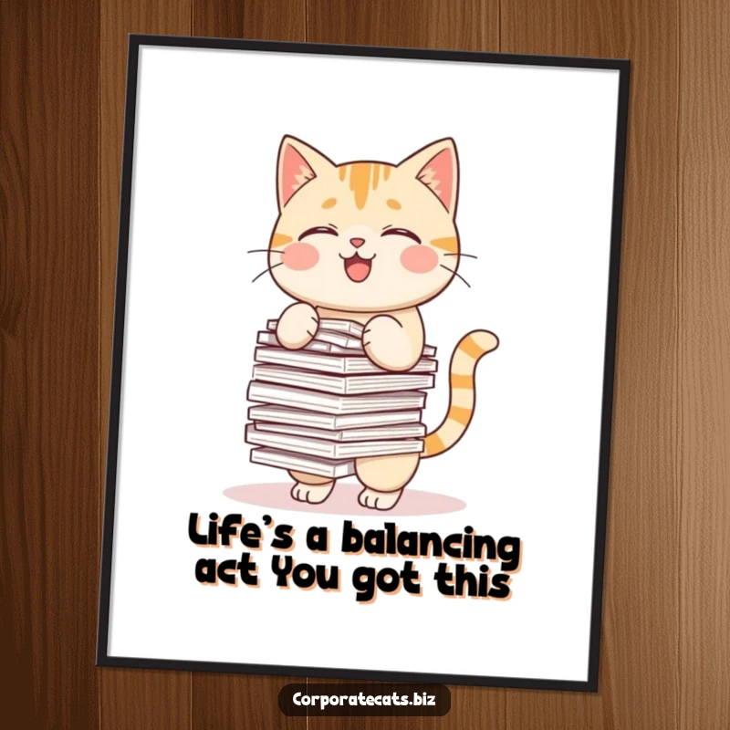 Funny Free Printable Wall Art: A playful cat artfully balancing a precarious stack of papers, adding chaos and charm.